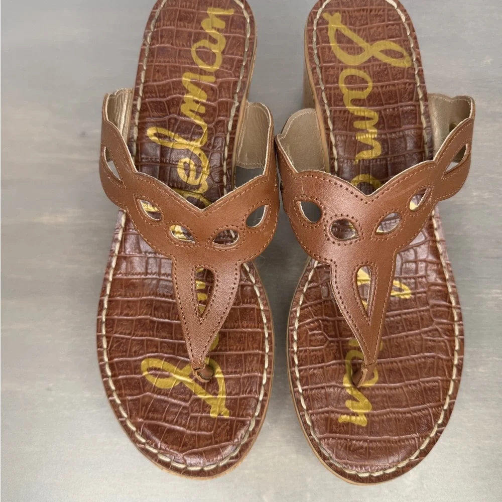 Sam Edelman Ralphie Wedge Sandals Womens 9.5 Brown Leather Cork Thong